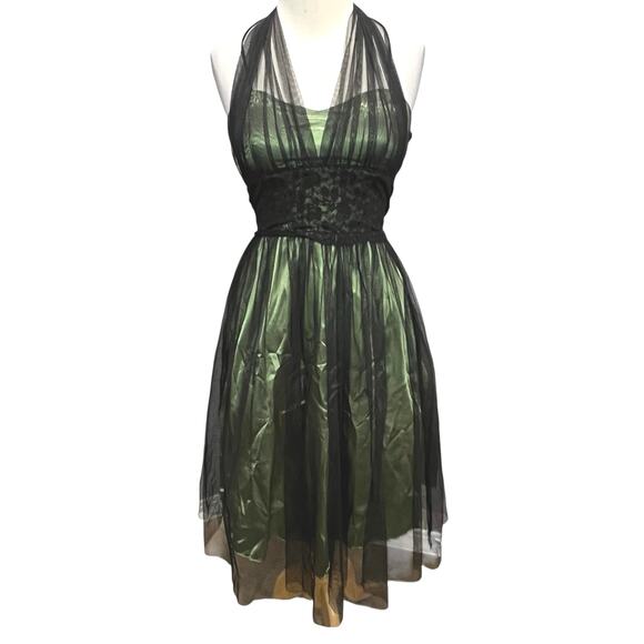 Vintage Y2K Cumbia Dress XS Green Satin Black Mesh Goth Fairycore Party Whimsy - Picture 2 of 16